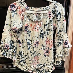 Solitaire Cream Floral Peasant Blouse with Pink & Navy Highlights